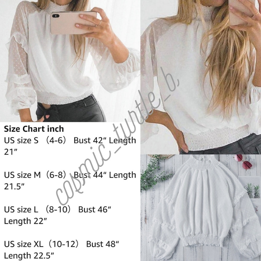 New Ruffled Sheer Sleeve Mock turtleneck Blouse - Picture 5 of 7